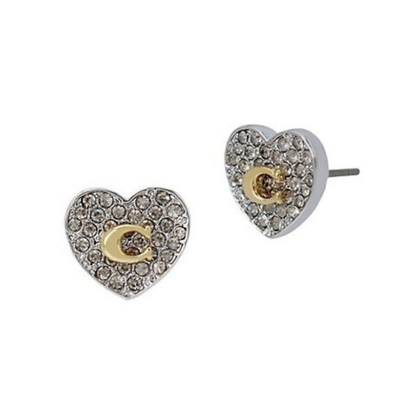 🔹️Coach 🔹️Heart Earrings Two-Tone Pave Rhinestone w/ Signature C. ✨️ - Picture 1 of 5